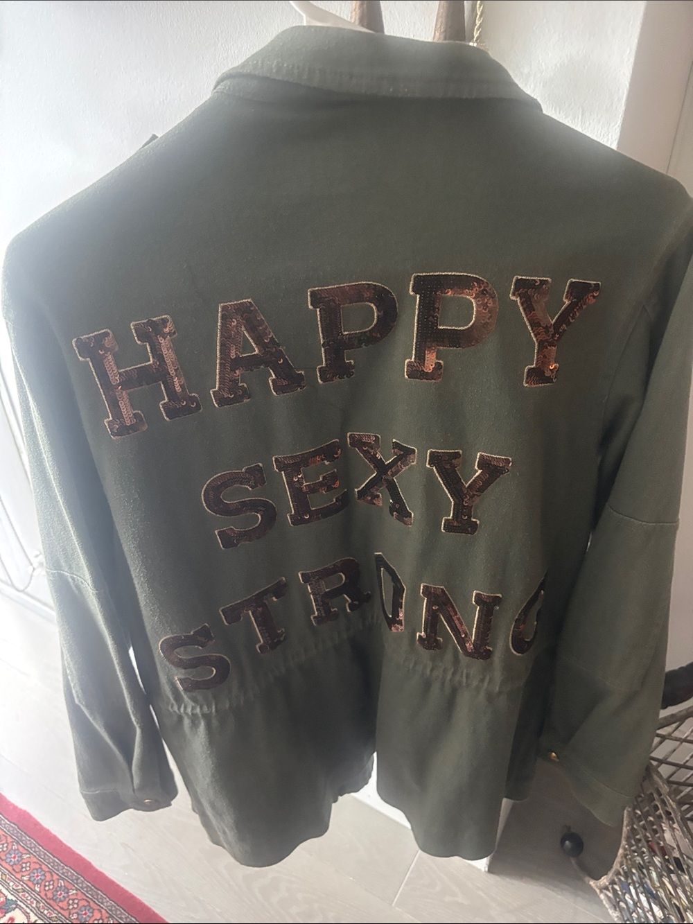 Ramy Brook Olive Green Utility Jacket with Brown Appliqué Lettering